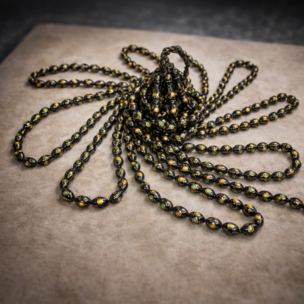 سبحة كوك بيضة حمام 33 خرزة مطعم نحاس و كهرمان و زمرد مقاس 12 مللي - الصورة 2