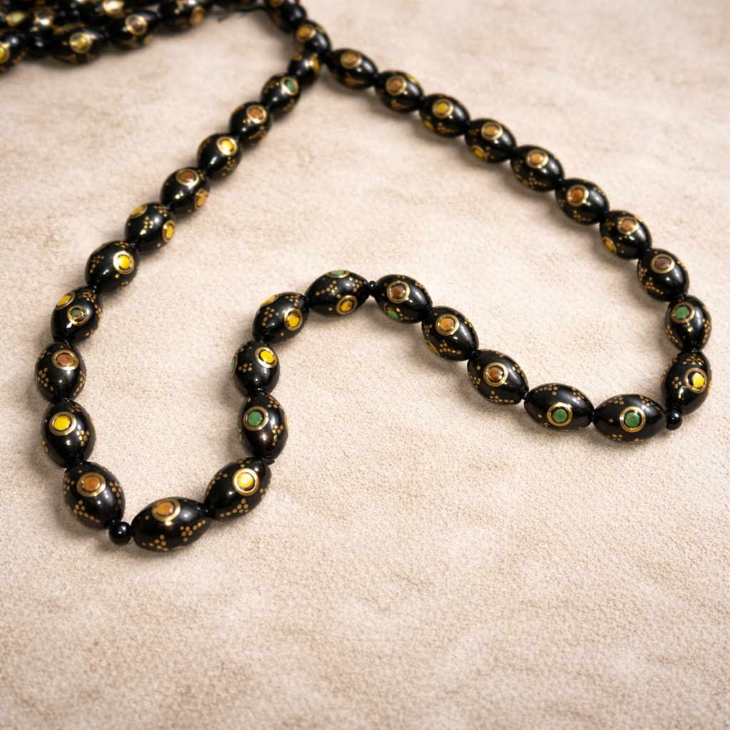 سبحة كوك بيضة حمام 33 خرزة مطعم نحاس و كهرمان و زمرد مقاس 12 مللي - الصورة 4